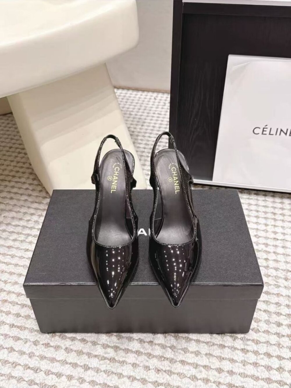 CHANEL Black Patent Leather Pointed Toe CC Block Heel Slingbacks
